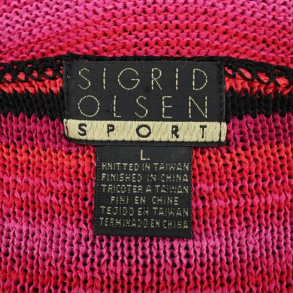 Sigrid Olsen Sport Sweater Womens Large Pink Black Stripe Sleeves Hem Fringe - Picture 3 of 13